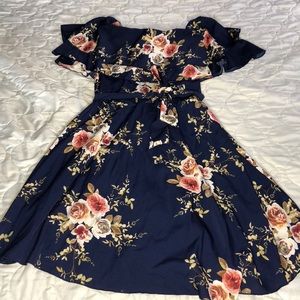 Off shoulder navy blue floral summer dress